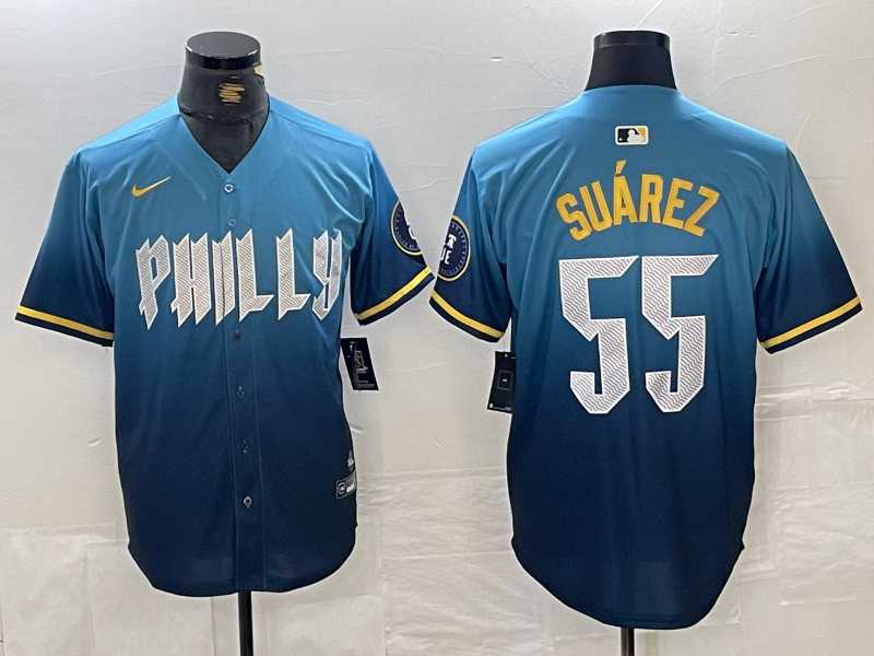 Mens Philadelphia Phillies #55 Ranger Suarez Blue 2024 City Cool Base Jersey